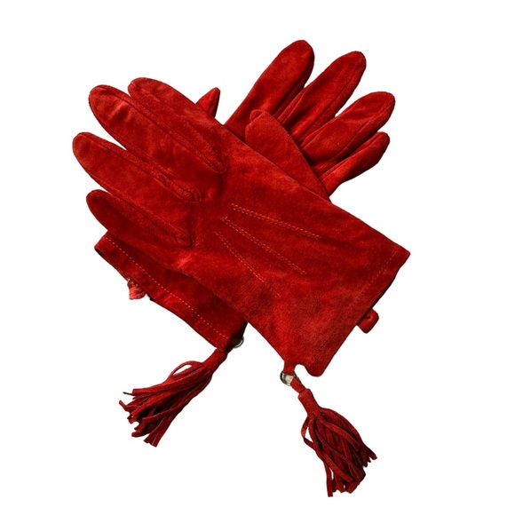Red 100% genuine leather tassel detail gloves size L - Picture 3 of 5